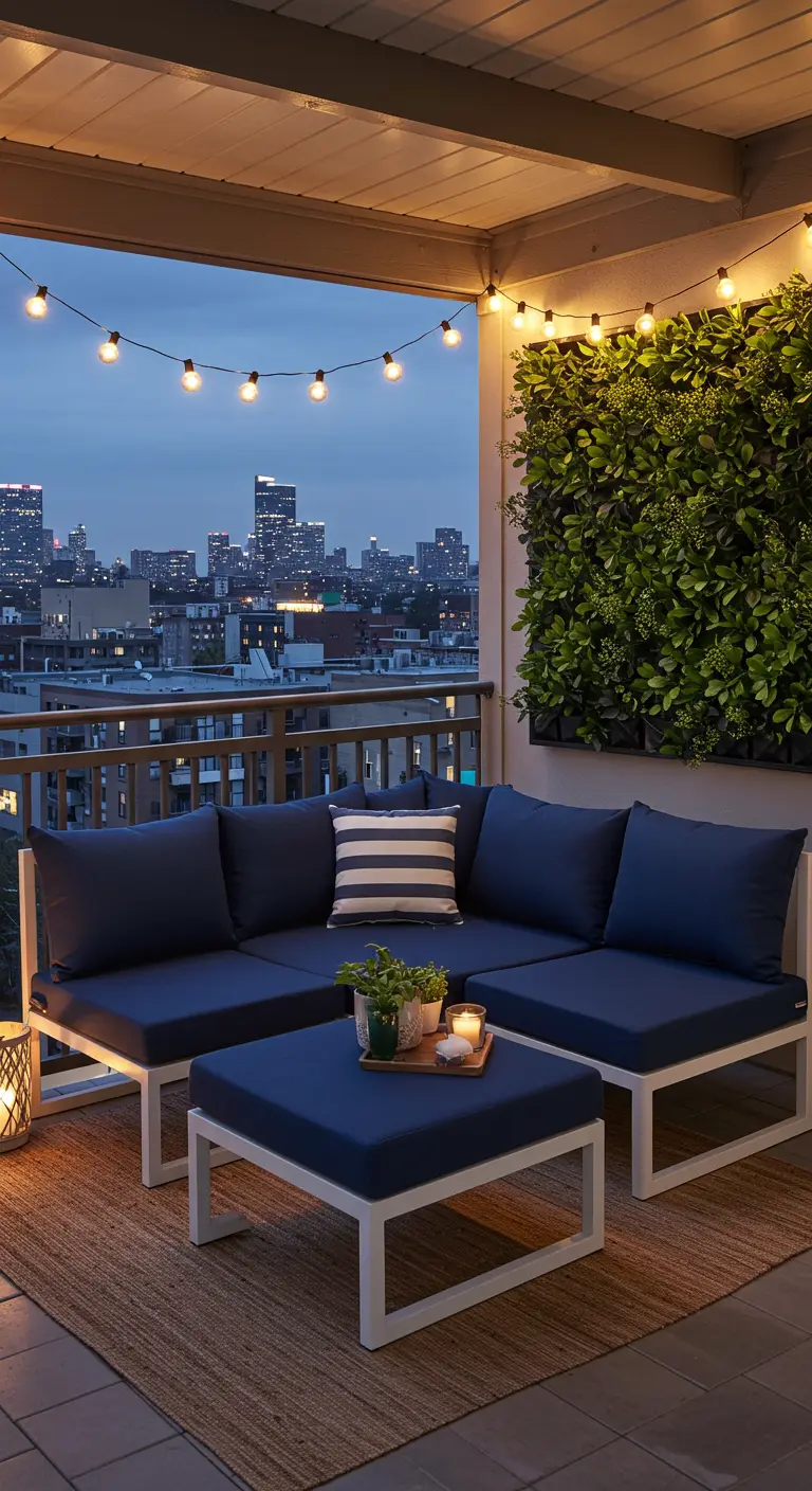 Sofá modular de exterior azul oscuro en un balcón con vistas a la ciudad y luces de guirnalda.