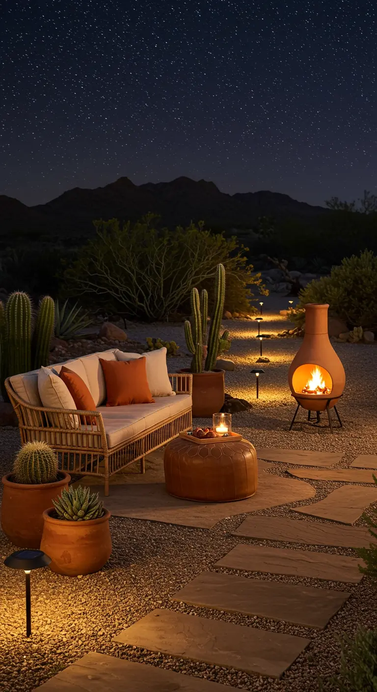 Ambiente desértico con sofá de mimbre, puf de cuero, chimenea de barro y cactus bajo un cielo estrellado.