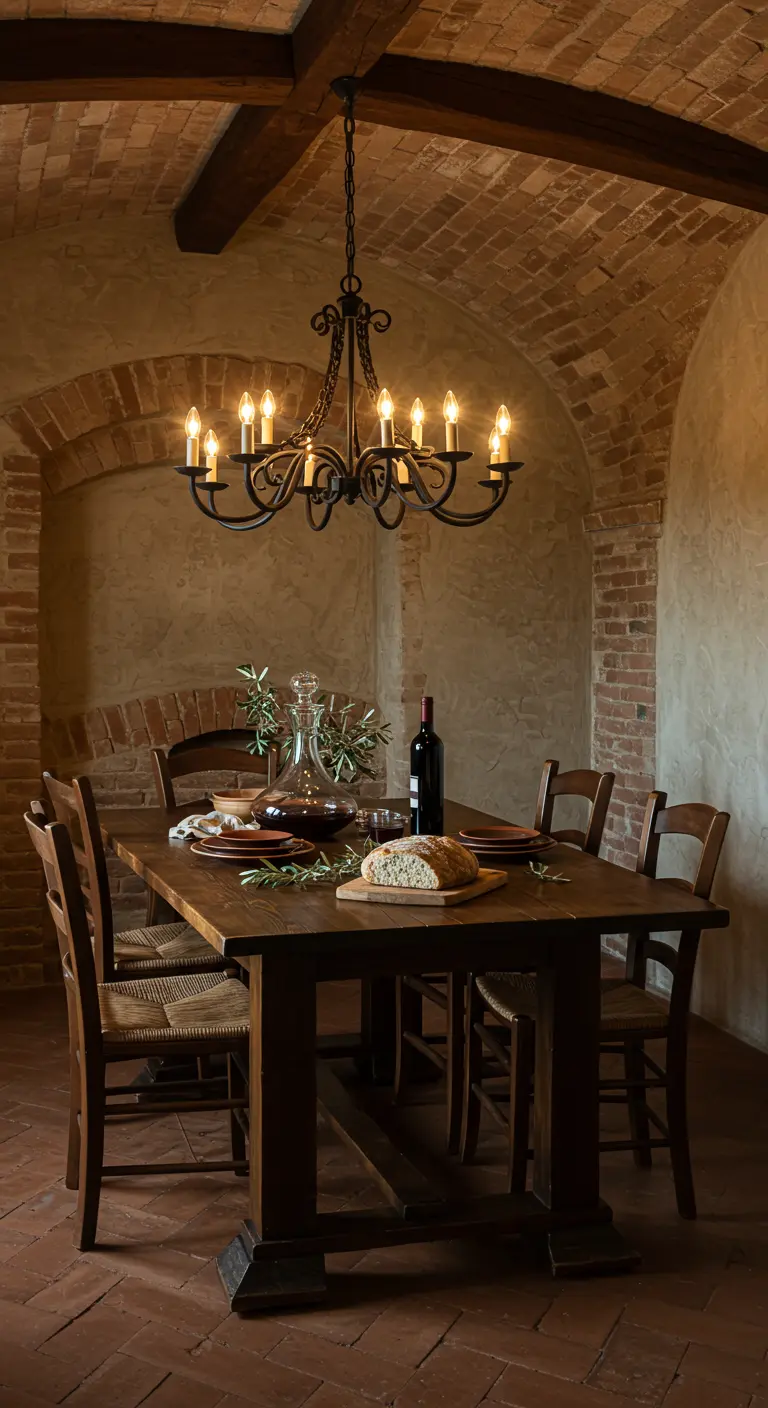 Comedor rústico en una bodega con paredes de piedra y una lámpara de hierro forjado.
