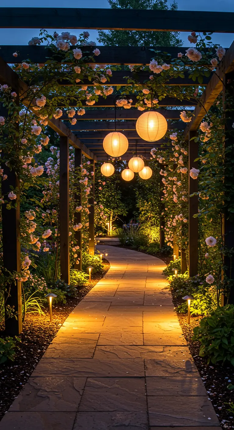 Camino bajo una pérgola de rosas iluminado por la noche con farolillos de papel y focos.