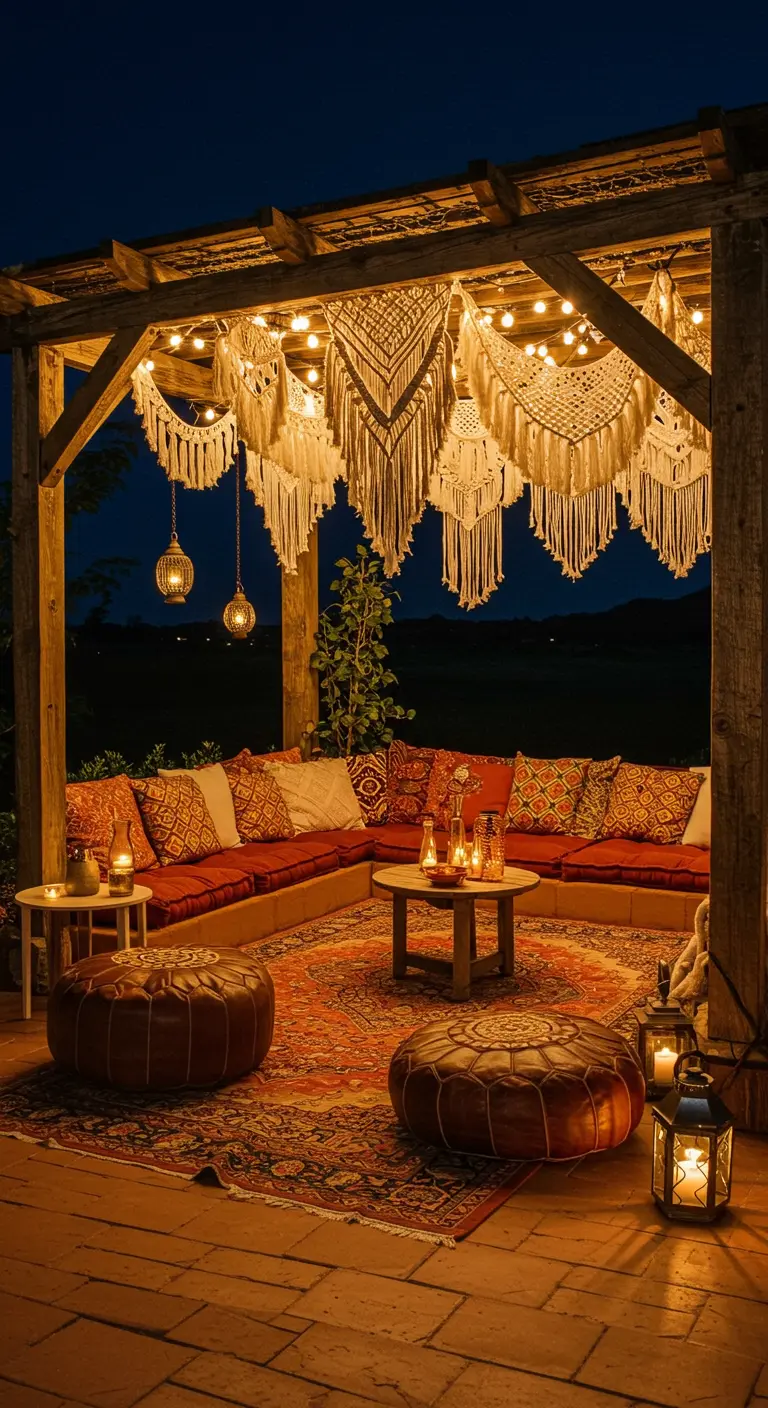 Pérgola de madera iluminada por la noche con guirnaldas de luces y tapices de macramé colgando.