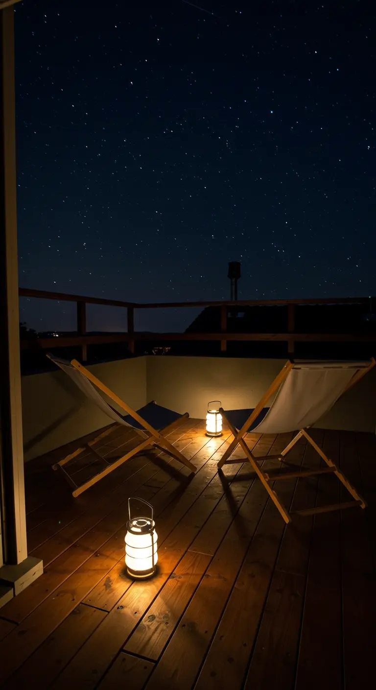 Dos sillas de lona plegables en una terraza de madera por la noche, iluminadas por farolillos.
