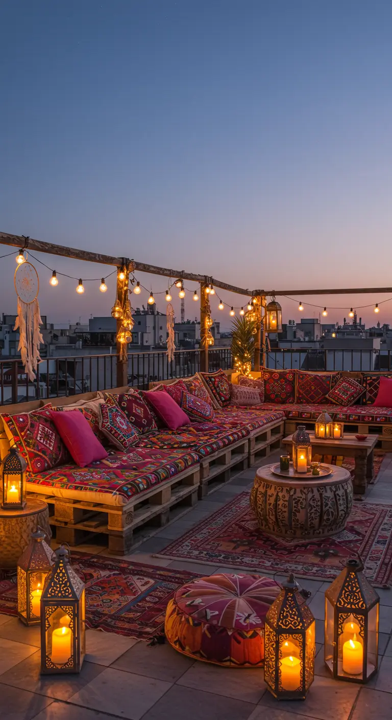 Terraza boho chic iluminada con guirnaldas y farolillos, con sofás de palets y cojines étnicos.