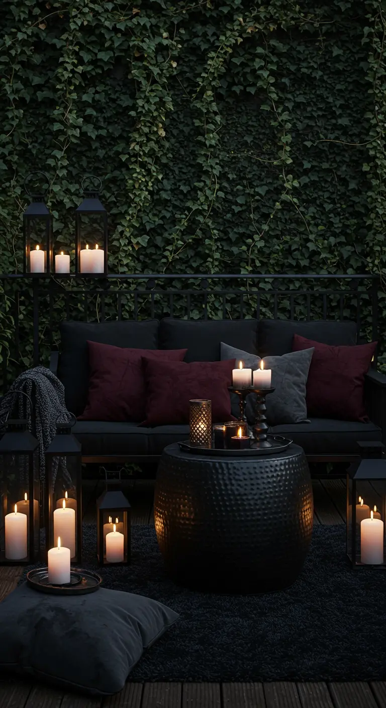 Patio oscuro con sofá negro, cojines burdeos y muchos faroles negros con velas encendidas.
