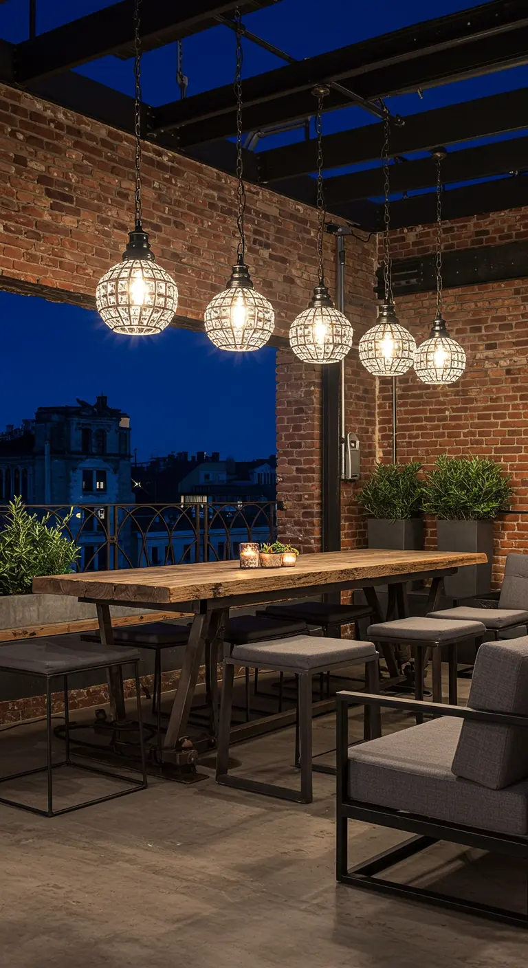 Terraza urbana con pared de ladrillo y una fila de lámparas colgantes redondas de cristal y metal.