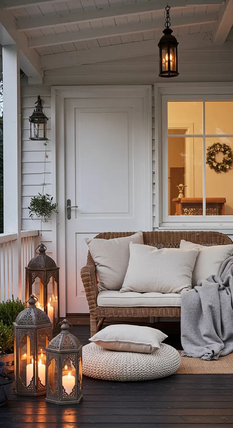 Porche acogedor con un sofá de mimbre, cojines neutros y varios farolillos con velas encendidas.