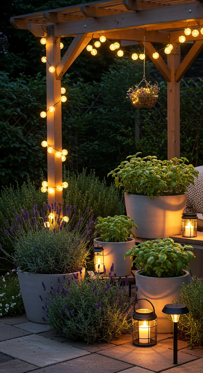 Rincón de jardín bajo una pérgola iluminada con guirnaldas y faroles, con macetas de hierbas aromáticas