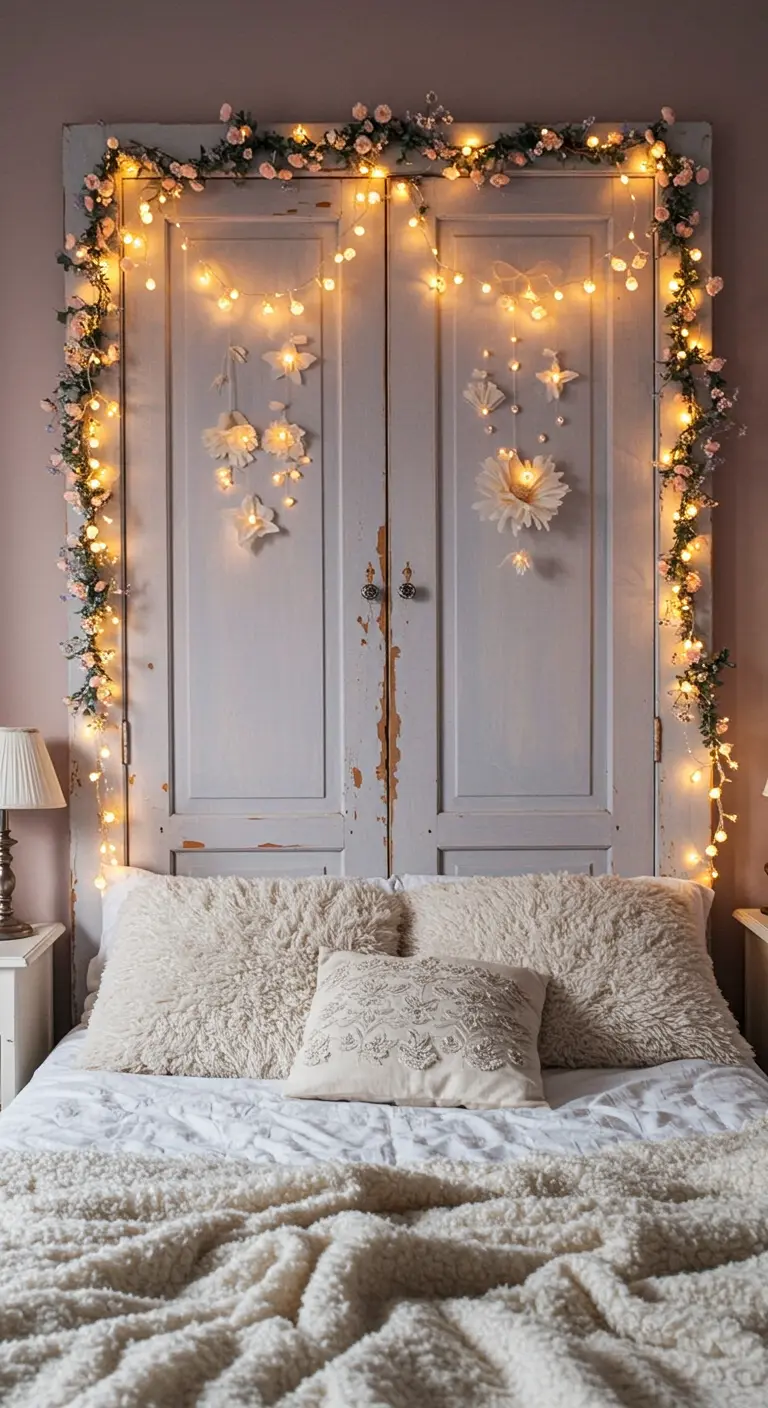 Cabecero de cama romántico hecho con puertas blancas y decorado con una guirnalda de luces y flores.