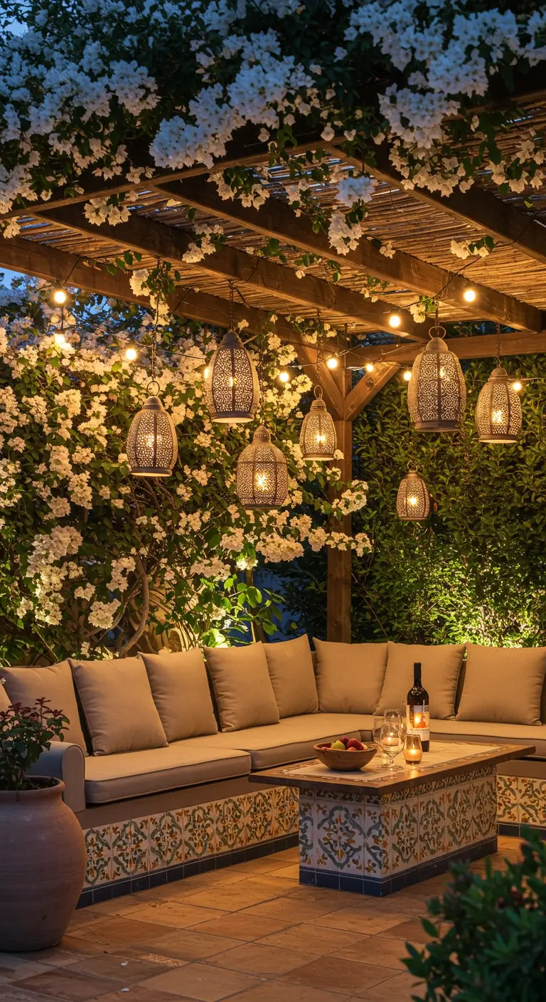 Zona chill-out bajo una pérgola cubierta de flores blancas, iluminada con lámparas marroquíes.