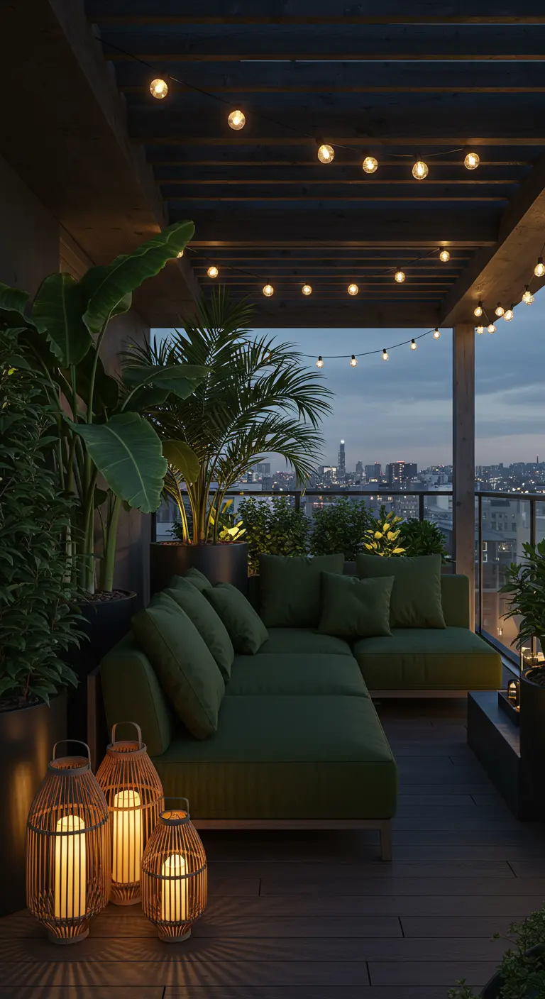 Terraza urbana de noche con un gran sofá verde, guirnaldas de luces y farolillos de bambú iluminados.
