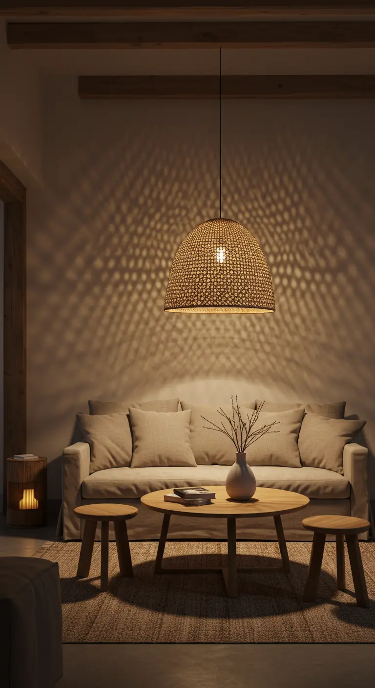 Sala de estar de noche iluminada por una gran lámpara de ratán que crea sombras.