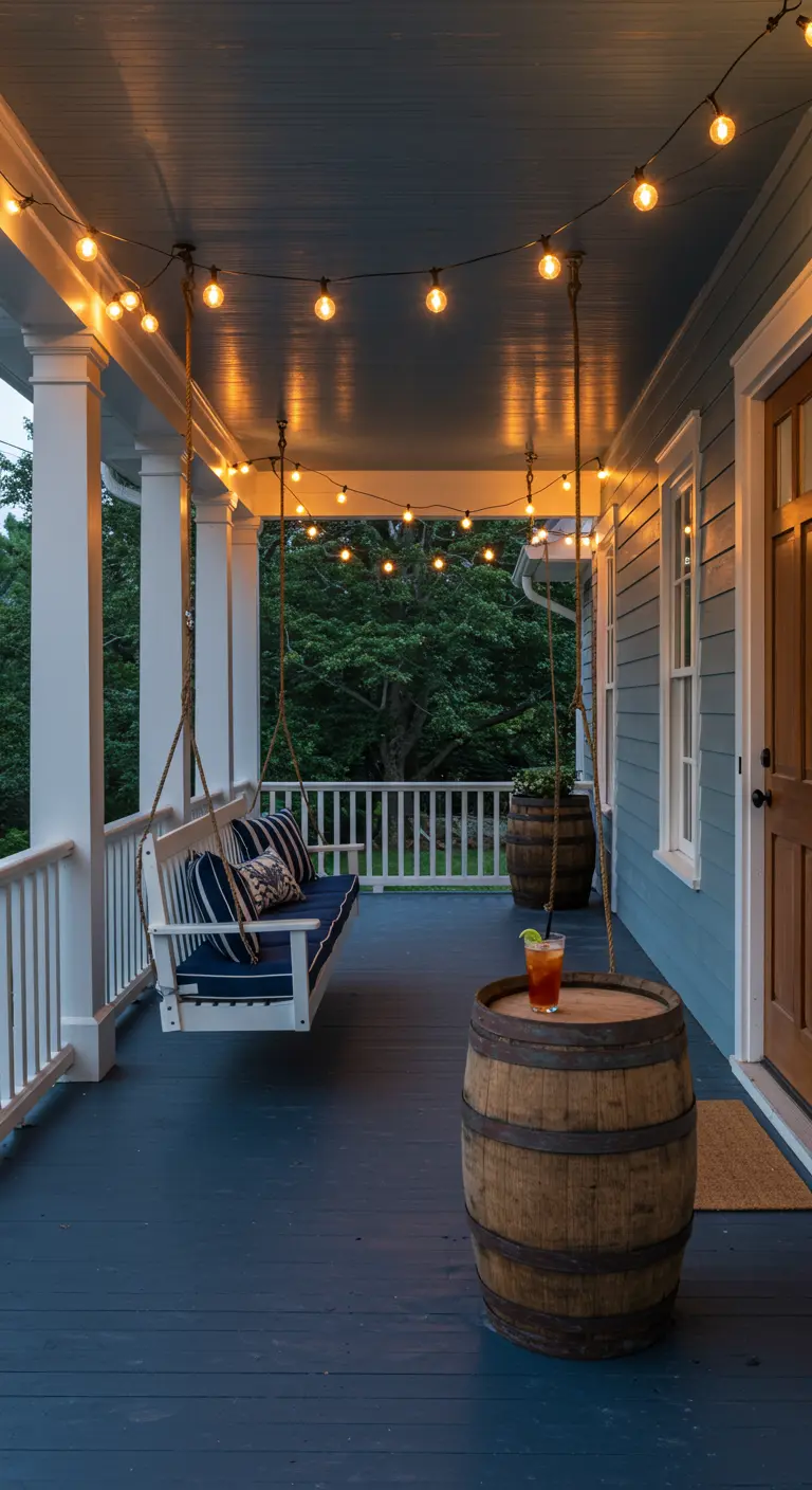 Porche con columpio, guirnaldas de luces y barriles de madera como mesas auxiliares.