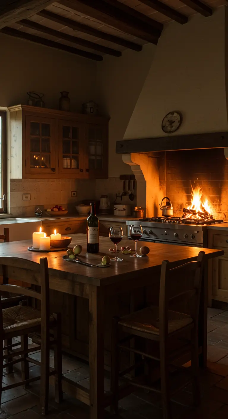 Cocina rústica por la noche, iluminada por el fuego de la chimenea y varias velas.
