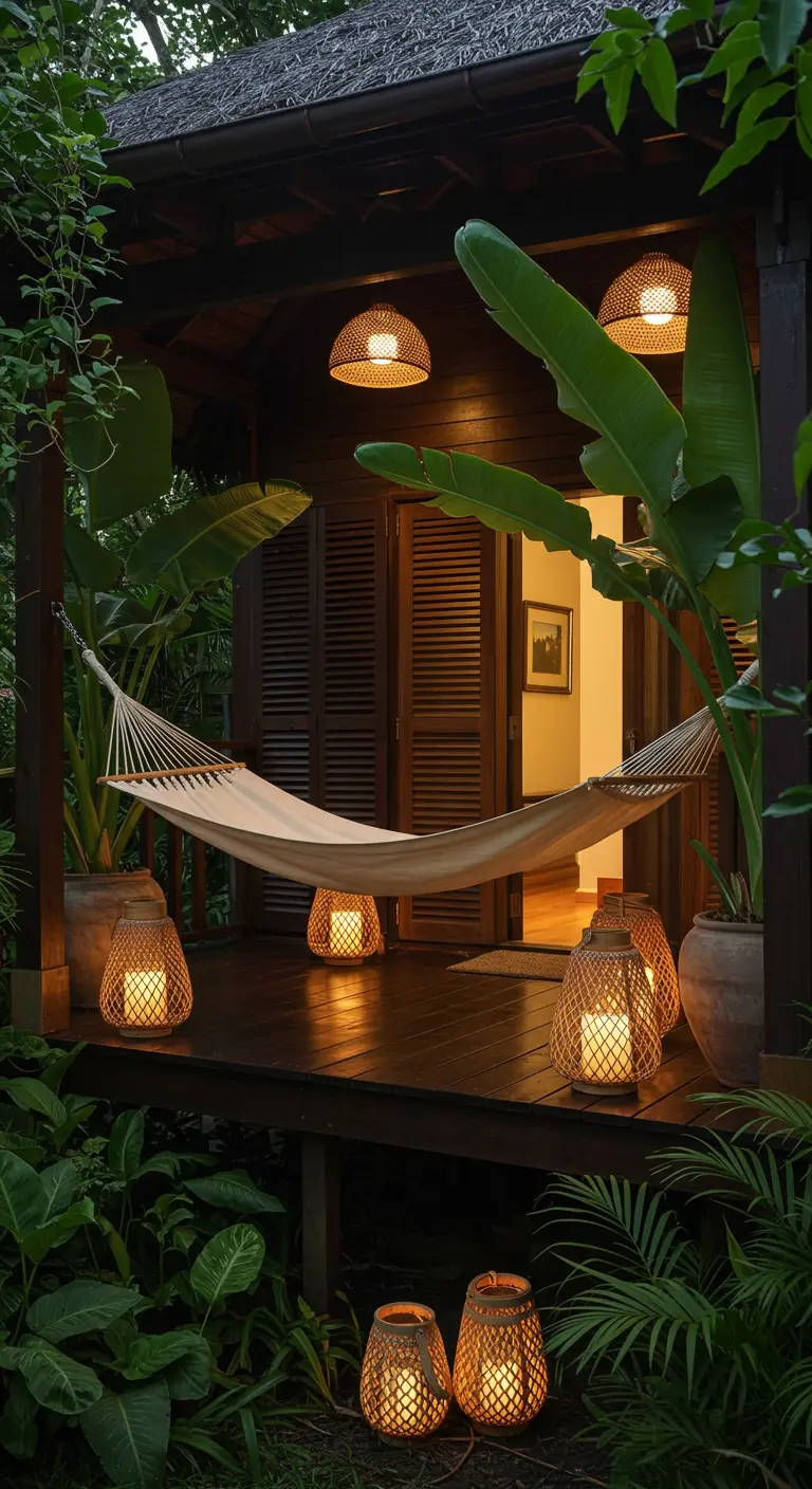 Porche de madera oscuro rodeado de vegetación, iluminado por farolillos de bambú y con una hamaca.