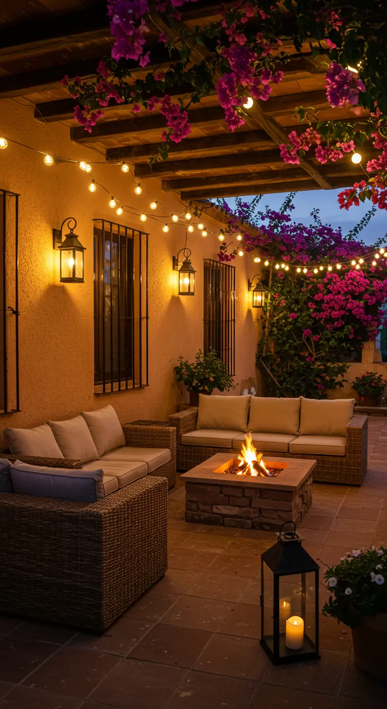 Patio por la noche iluminado con guirnaldas de luces y un brasero, con sofás de mimbre