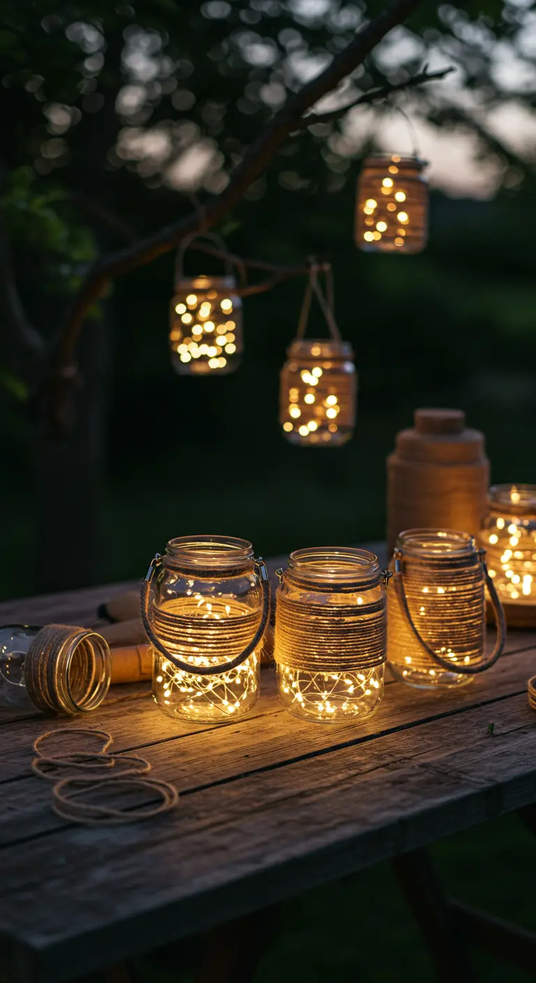 Frascos de yute iluminados con guirnaldas de luces LED en un jardín por la noche.