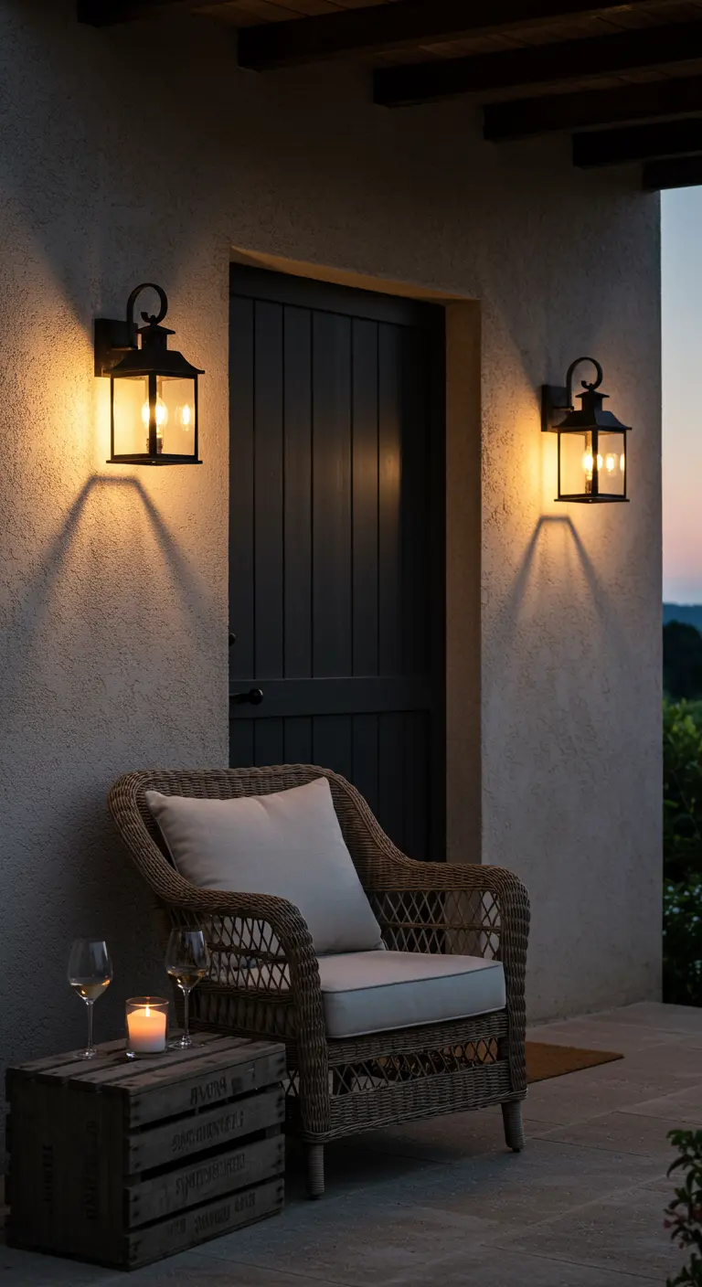Rincón de porche por la noche con sillón de mimbre y luz cálida de faroles de pared