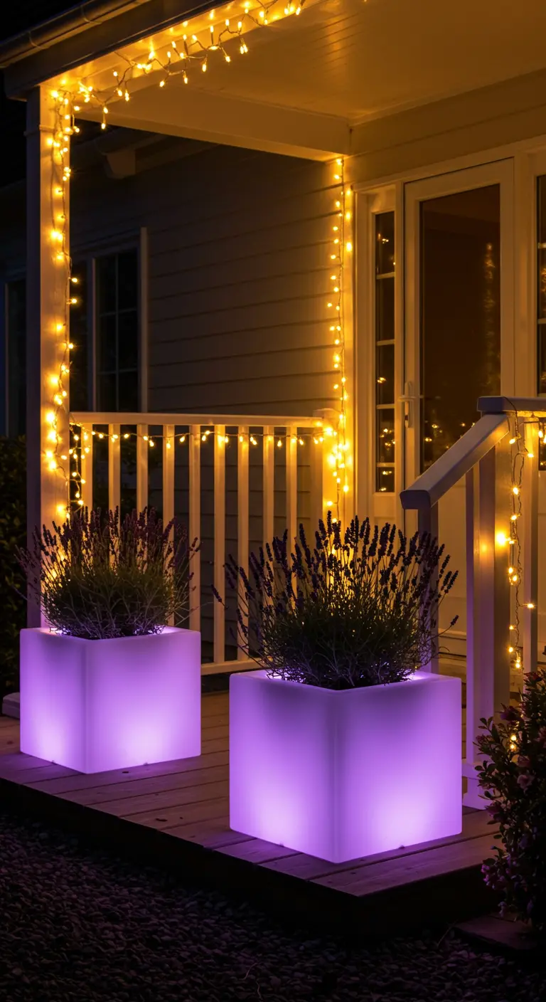 Porche de noche iluminado con macetas LED de color lavanda y guirnaldas de luces cálidas.