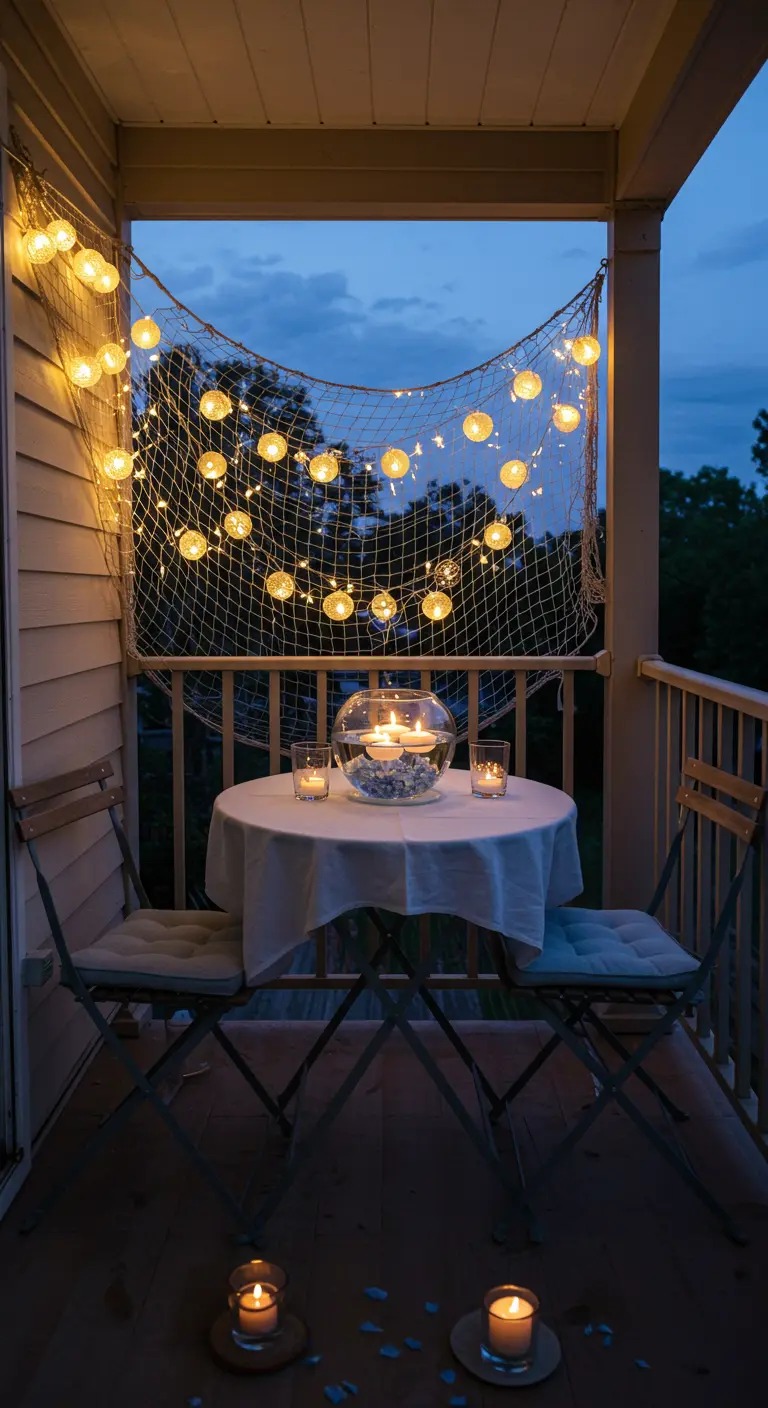 Cena romántica en un balcón de noche, iluminado con una red de pesca y guirnaldas de luces.