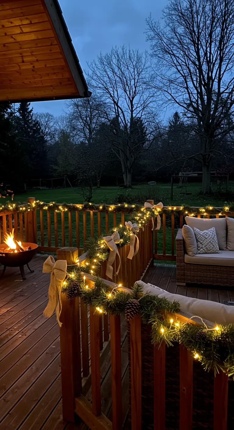 Barandilla de porche de madera decorada con guirnalda de pino, luces cálidas y lazos de yute.