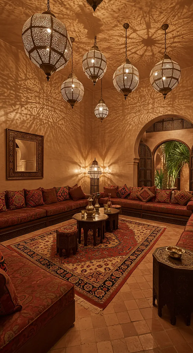 Sala de estar estilo marroquí con farolillos metálicos colgantes y sofás bajos en tonos rojos.