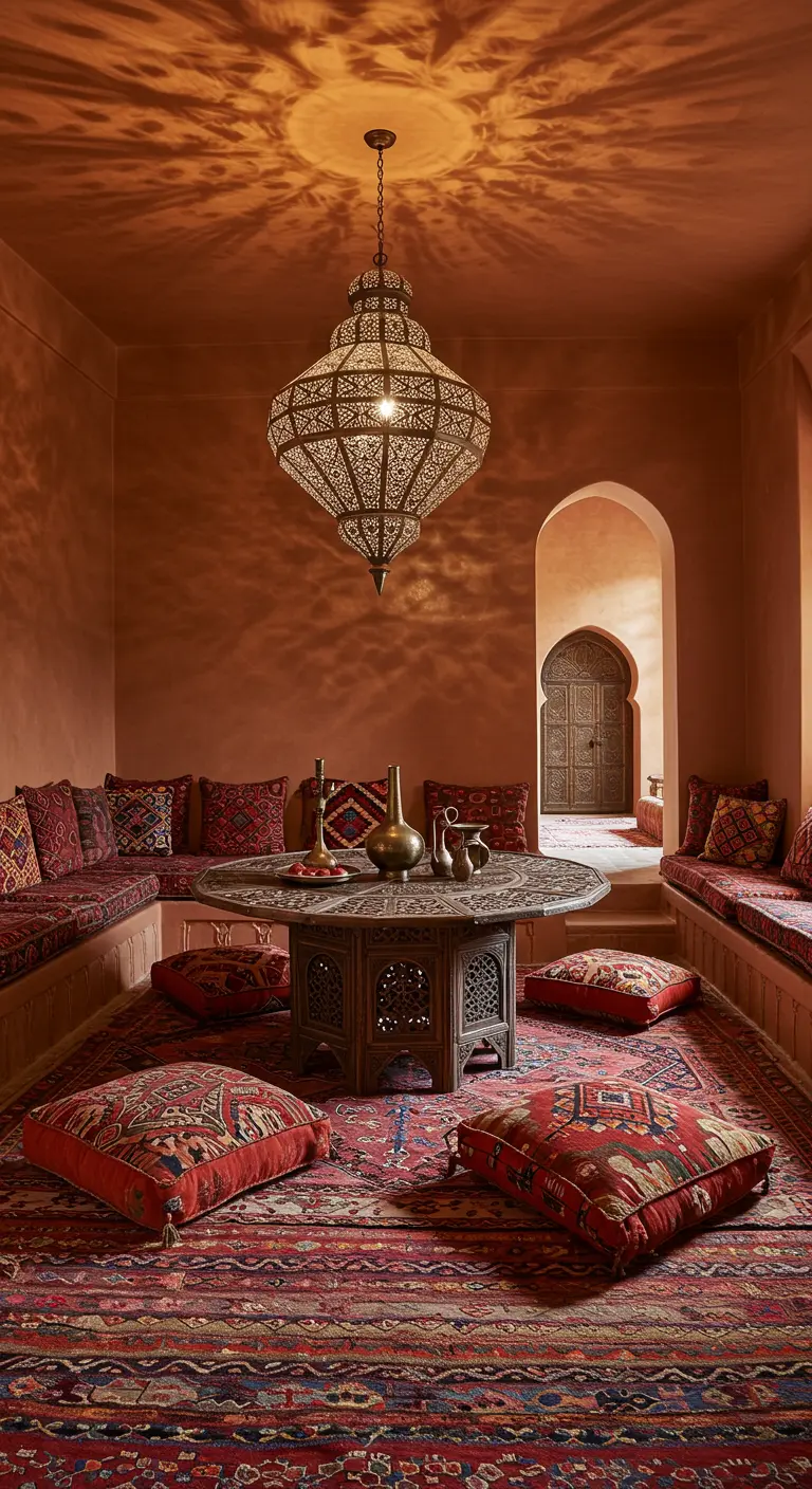 Comedor de estilo marroquí con mesa baja tallada y lámpara de metal calado.