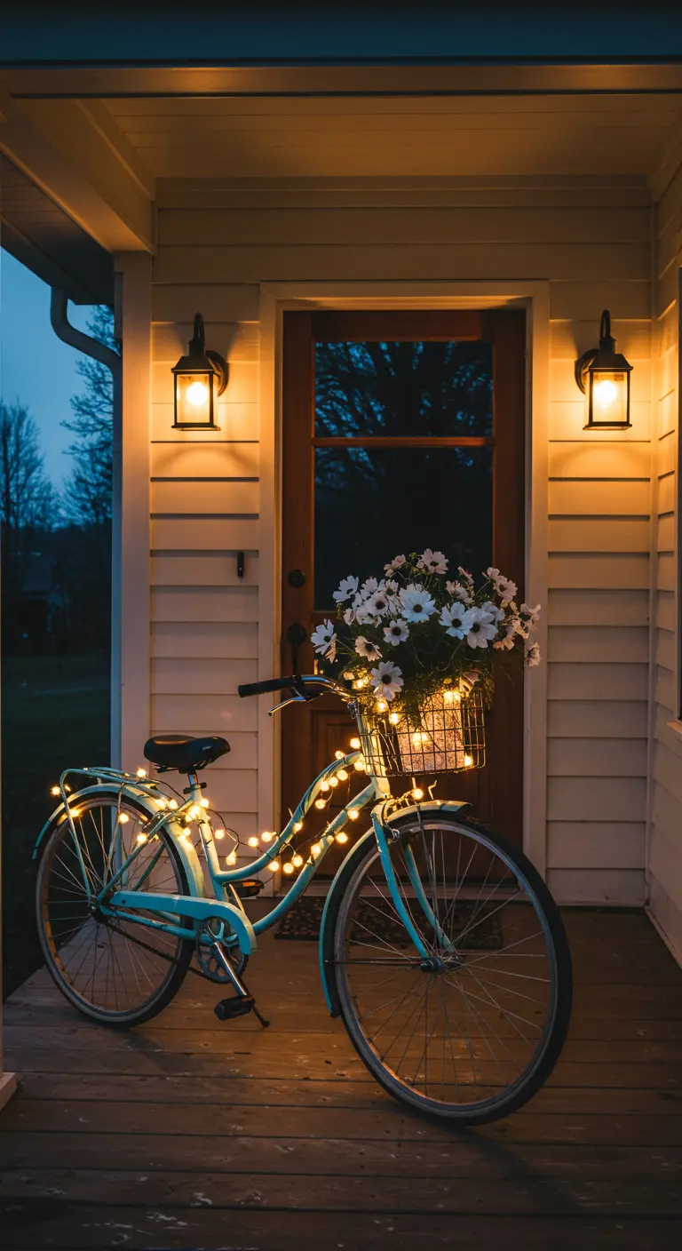 Bicicleta turquesa envuelta en luces de hadas cálidas, iluminando un porche por la noche