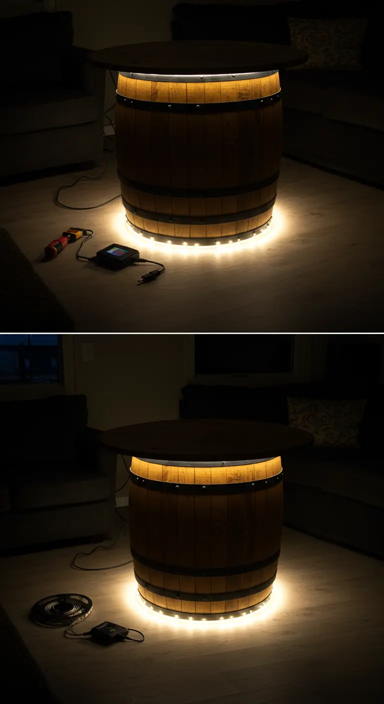 Mesa con base de barril iluminada desde abajo y desde debajo de la tapa con tiras de luces LED cálidas