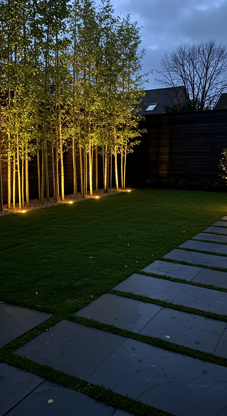 Fila de bambúes iluminados desde abajo con focos de luz cálida durante la noche.