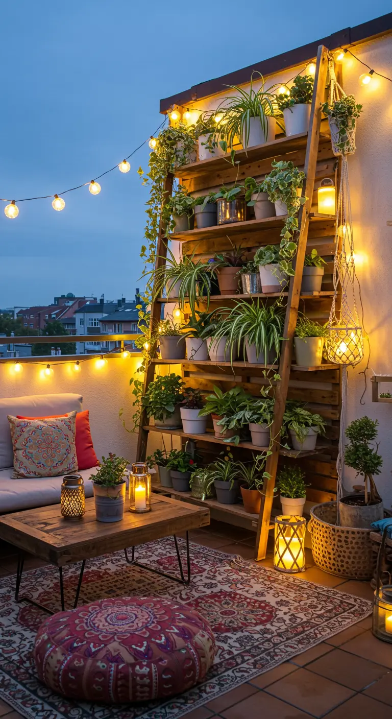 Estantería de madera tipo escalera en un balcón boho, iluminada con guirnaldas de luces cálidas.