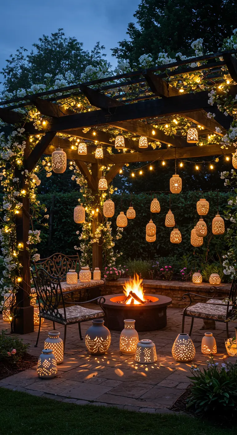 Patio nocturno bajo una pérgola iluminada por guirnaldas y decenas de farolillos de cerámica.