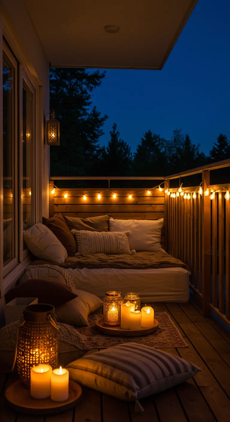 Balcón de noche con un sofá-cama, guirnaldas de luces cálidas y muchas velas encendidas.
