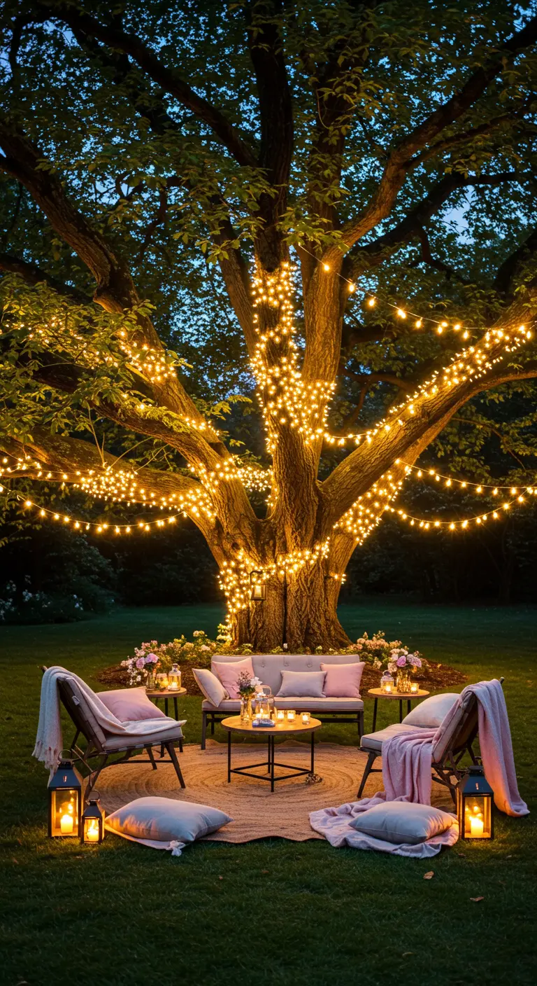Gran árbol con el tronco y las ramas envueltos en luces cálidas, con una zona de descanso.