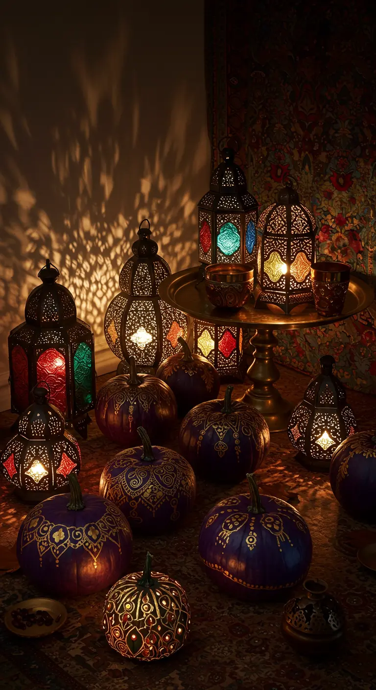 Calabazas de color púrpura oscuro con detallados patrones dorados de estilo henna, rodeadas de faroles.