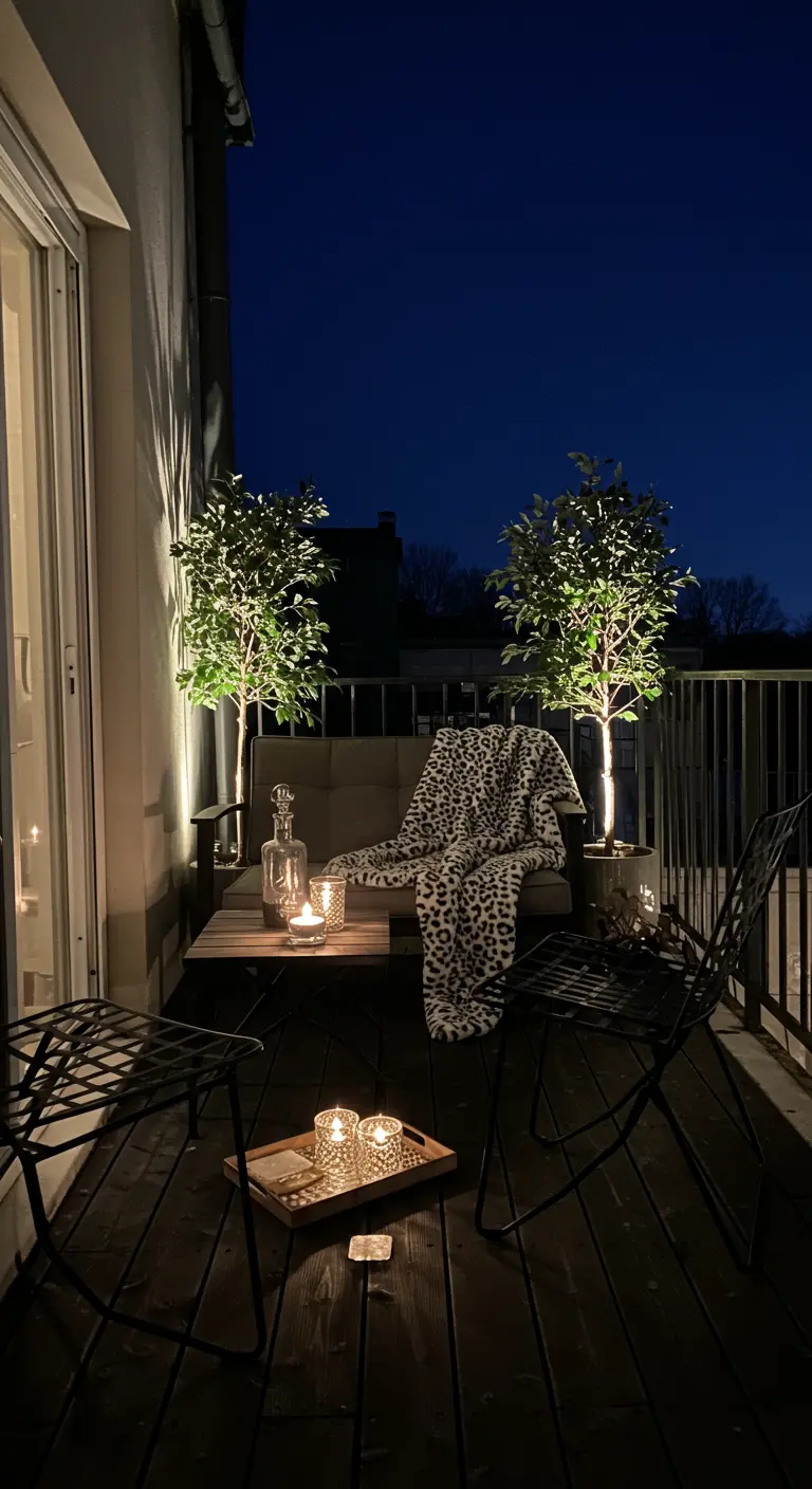 Balcón de noche con dos árboles pequeños iluminados desde abajo y un sofá con manta de leopardo.