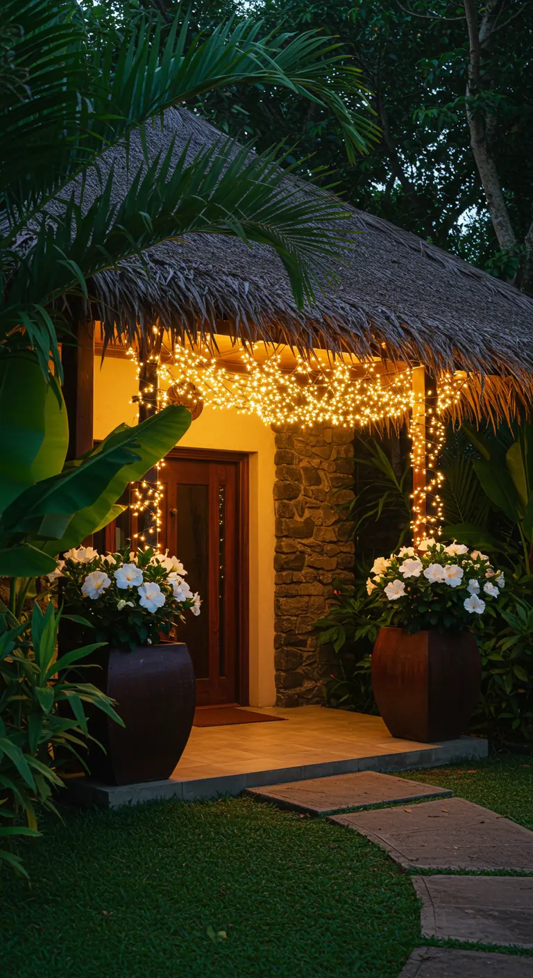 Entrada de una cabaña tropical con techo de paja, iluminada con un denso racimo de luces y plantas exóticas.
