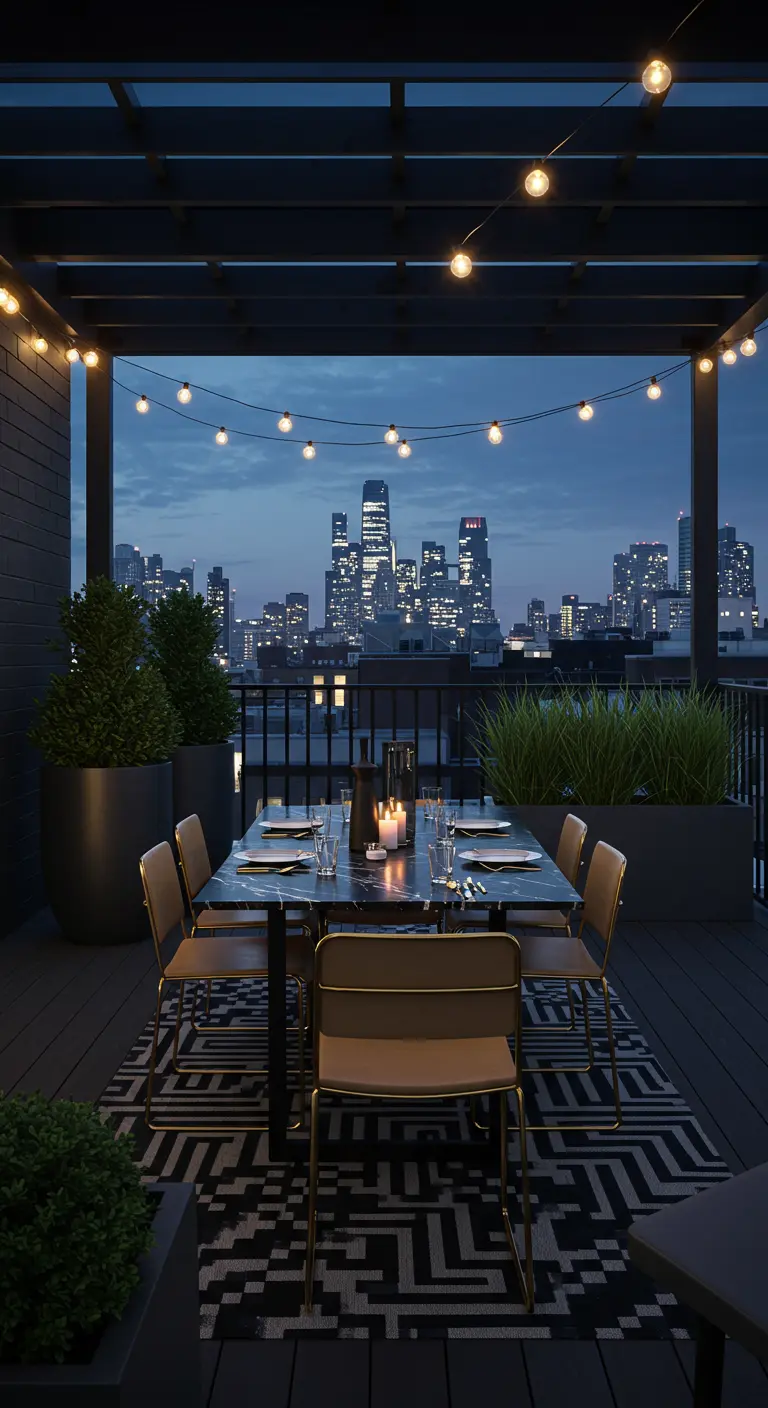 Terraza urbana con una mesa puesta para cenar bajo una guirnalda de luces cálidas