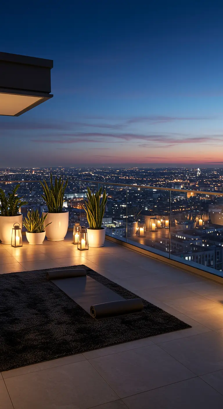 Terraza urbana de noche con vistas a la ciudad, iluminada por farolillos y velas.