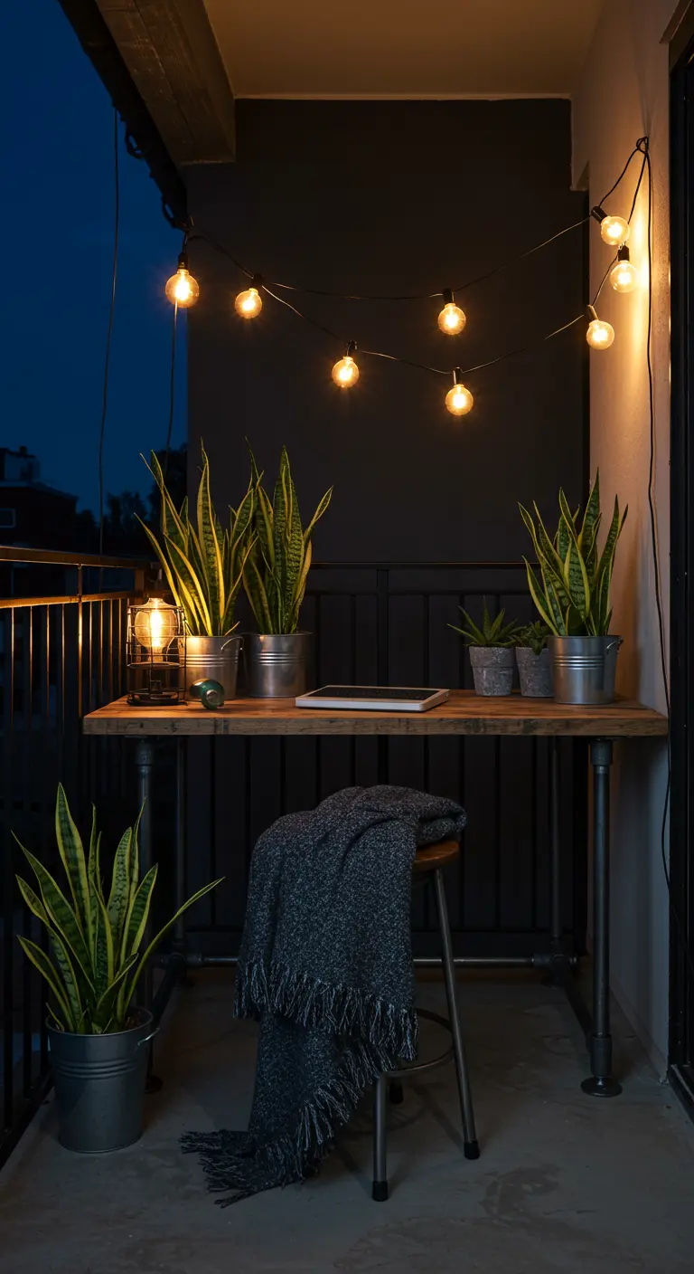 Oficina en balcón con escritorio industrial, guirnalda de luces y plantas.