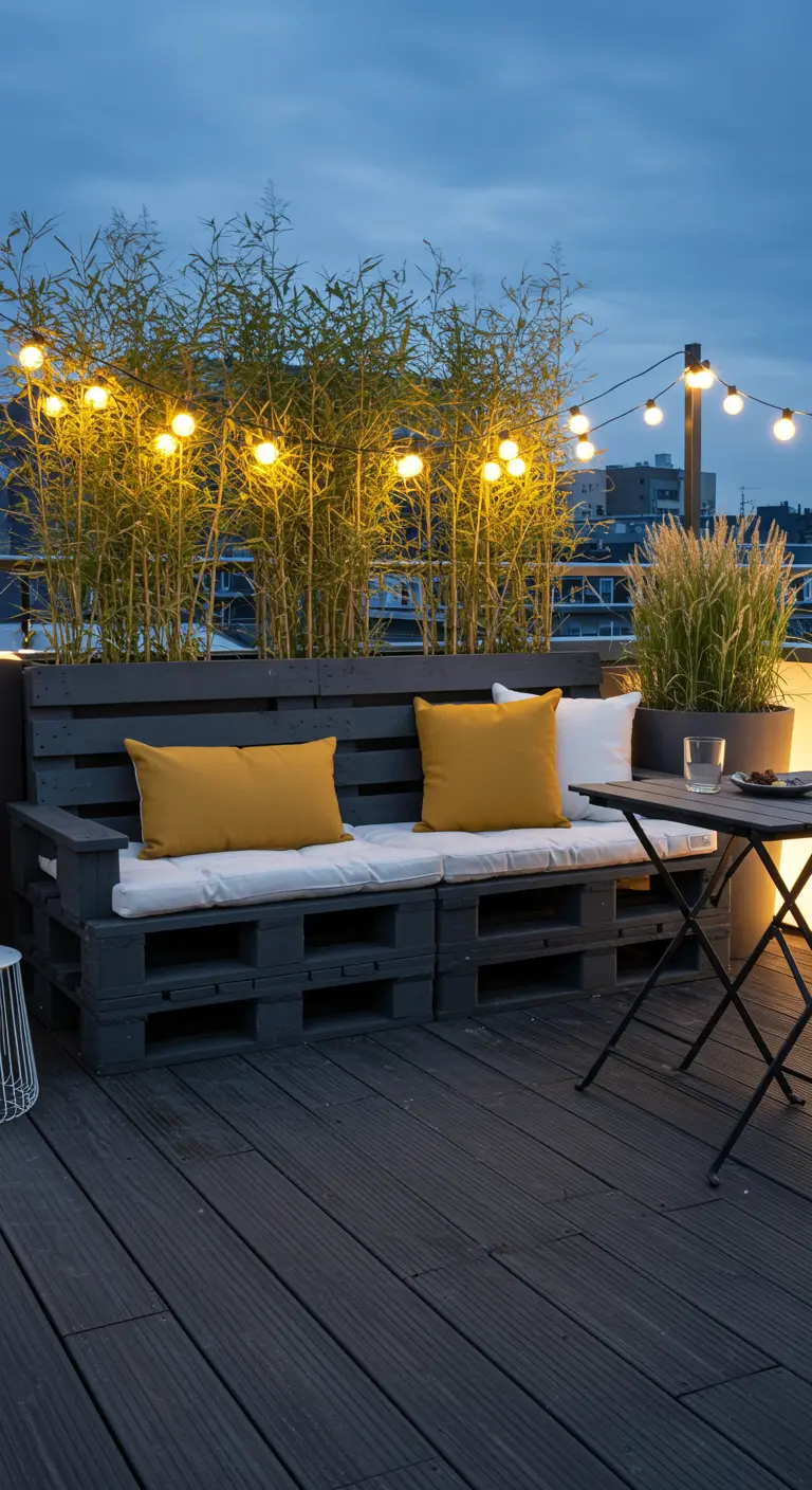 Banco de palets gris oscuro con cojines amarillos en una terraza urbana iluminada por guirnaldas.
