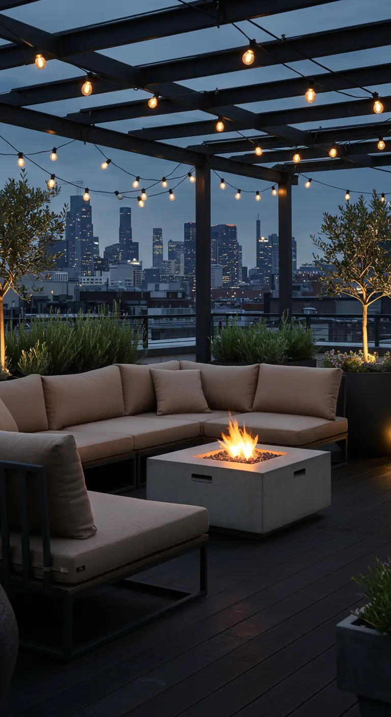 Sofá modular beige y hoguera de hormigón en una azotea con vistas a la ciudad y guirnaldas de luces.