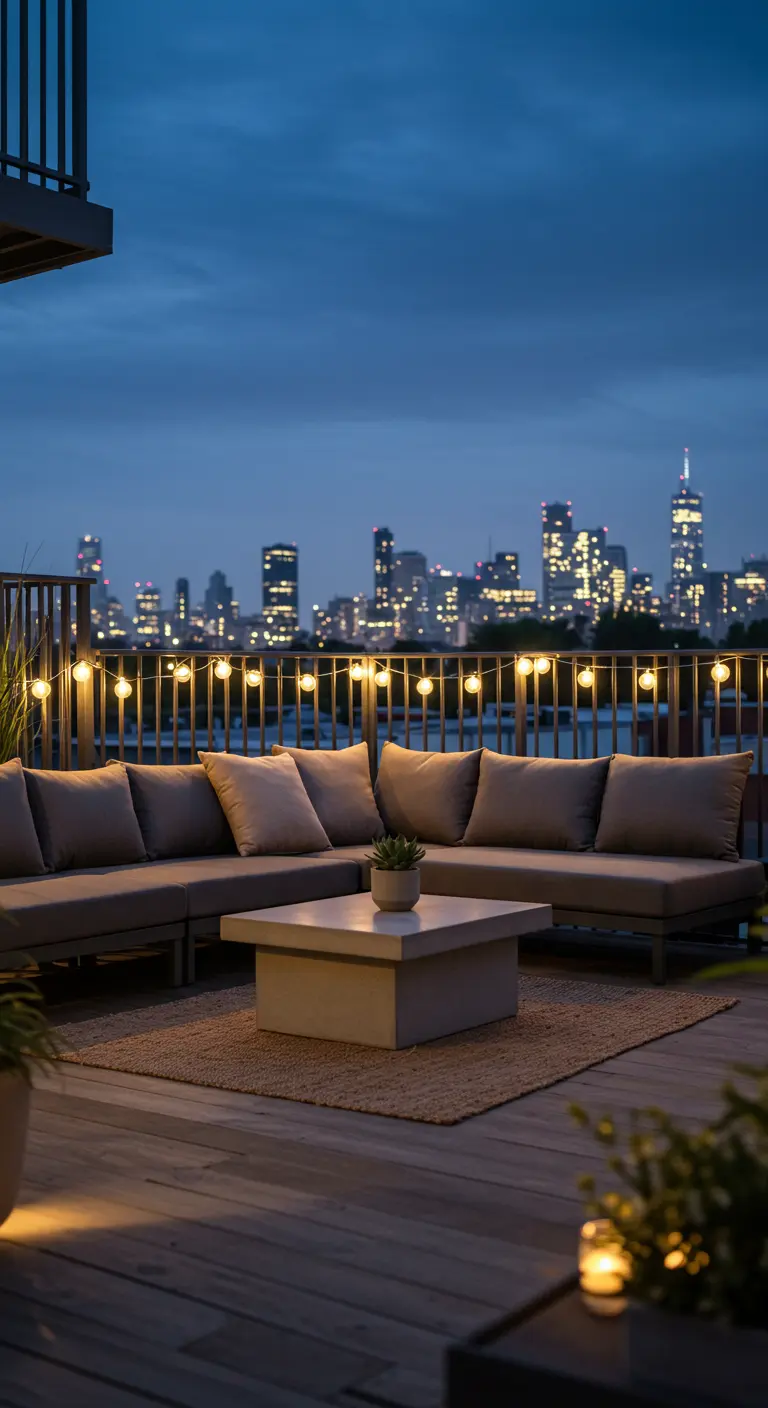 Terraza urbana con sofá bajo, mesa de centro y guirnaldas de luces cálidas al atardecer.
