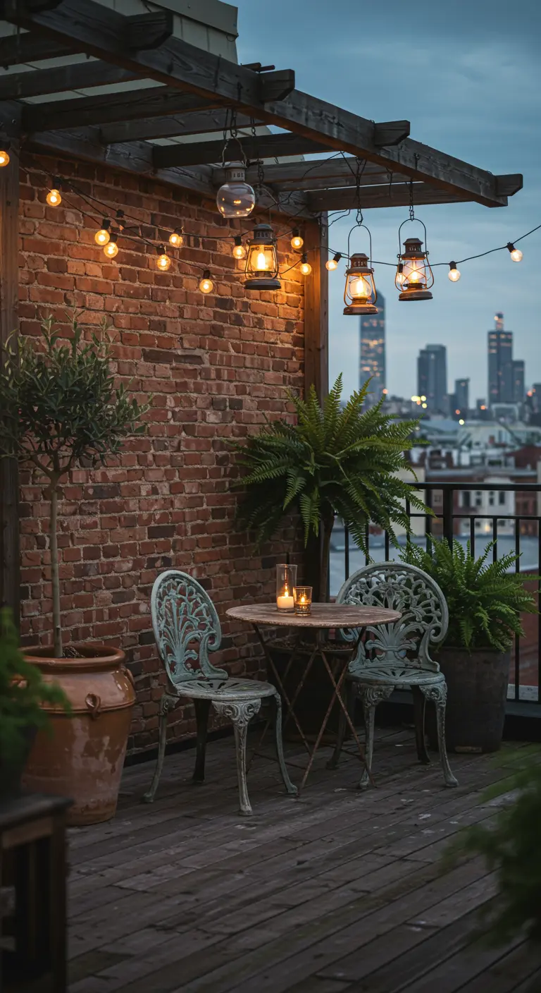 Terraza urbana con vistas a la ciudad, sillas de metal vintage y lámparas de aceite colgando