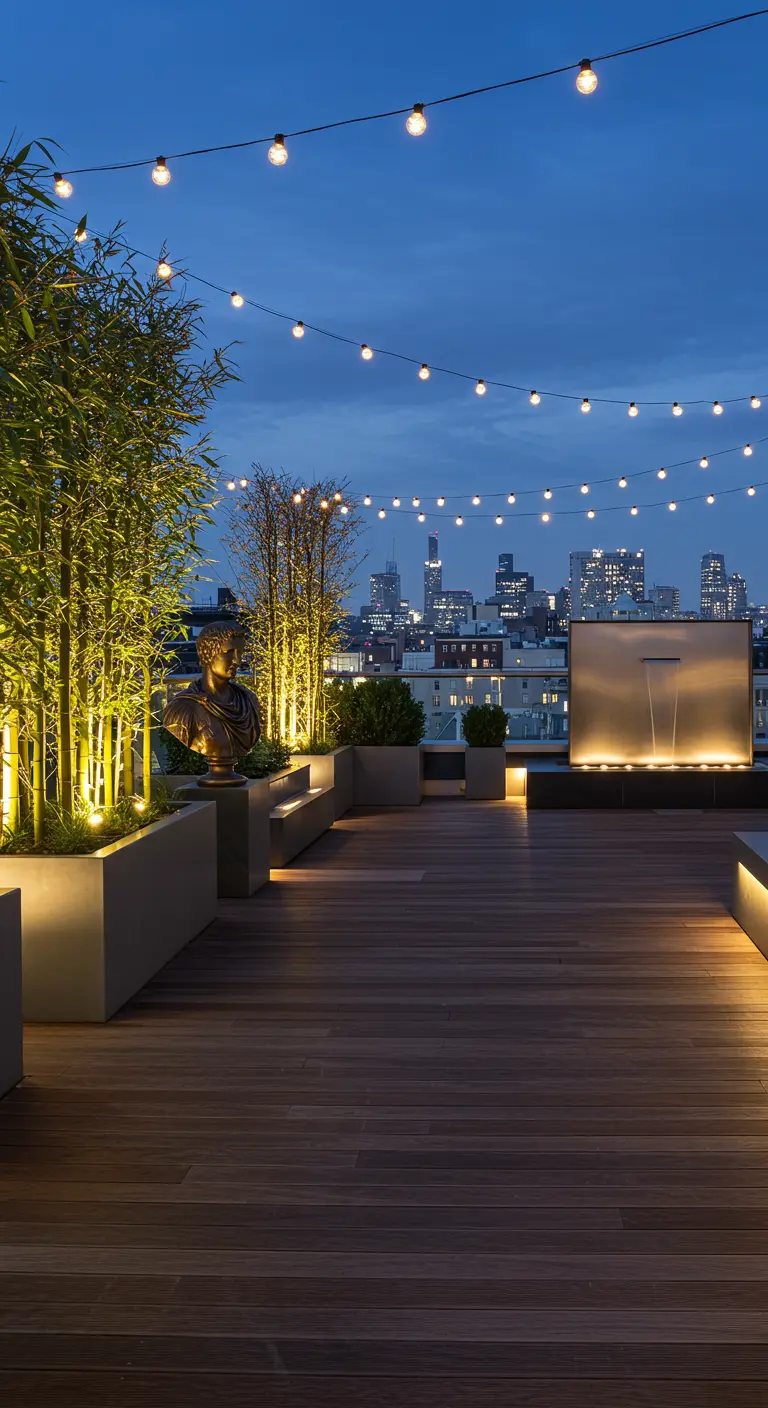 Terraza urbana de madera con guirnaldas de luces, un busto de bronce y una fuente moderna.