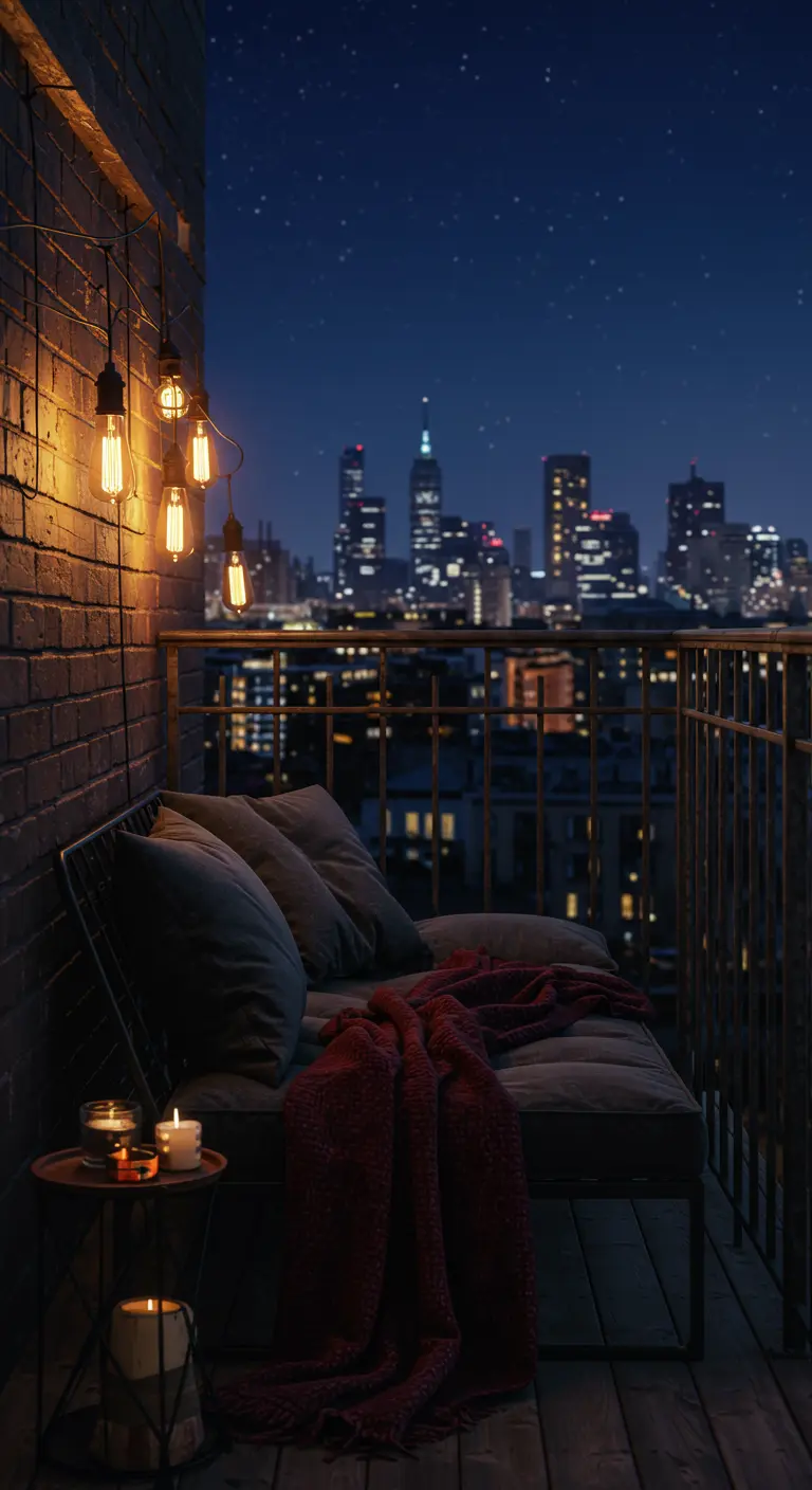 Balcón urbano de noche con sofá oscuro, manta roja y luces Edison.