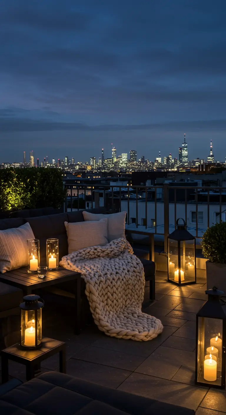 Terraza en un ático con vistas a la ciudad, un sofá, una manta de punto grueso y faroles encendidos.