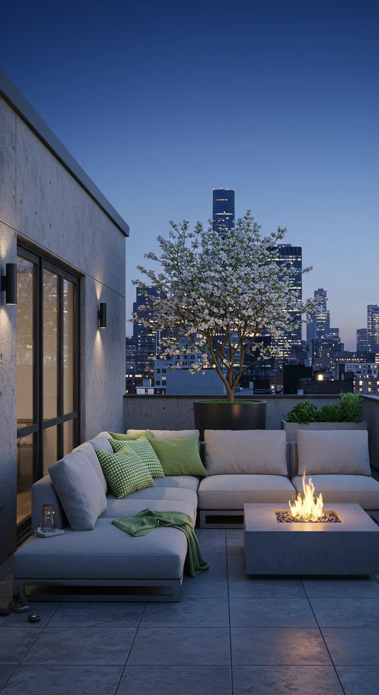 Terraza moderna en una azotea con un sofá modular gris, brasero y vistas a la ciudad de noche.