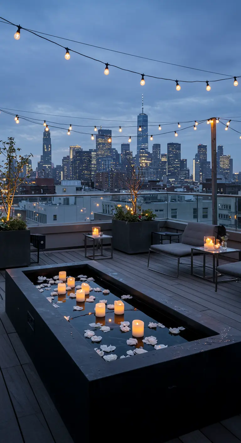 Terraza urbana con vistas al skyline, velas flotantes en un estanque moderno y guirnaldas de luces.
