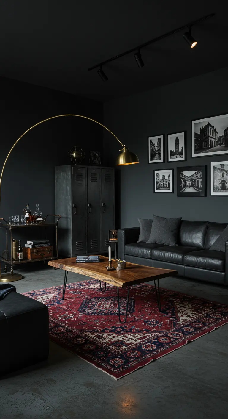 Salón industrial oscuro con paredes negras, sofá de cuero negro y lámpara de arco dorada.