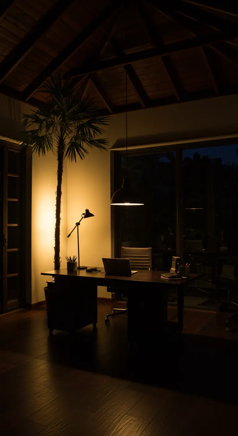 Oficina de noche con una palmera alta iluminada desde abajo, creando una atmósfera cálida y tenue.